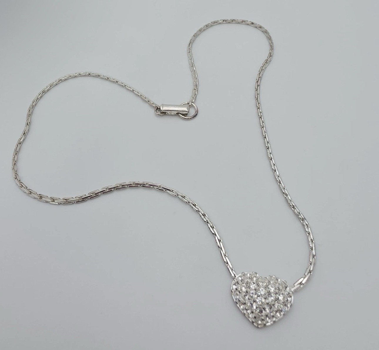 Swarovski Crystal Signed Pave Heart Silver Tone Clear Necklace 16 Inch