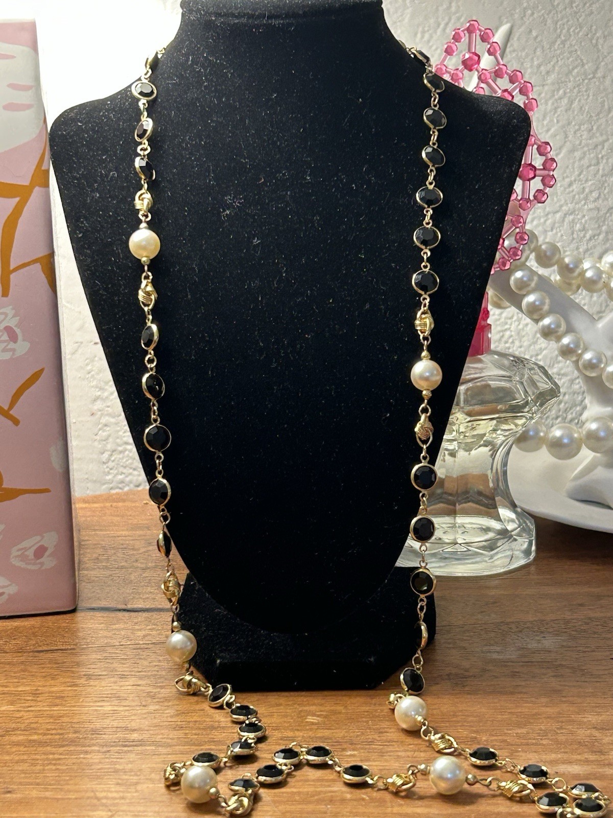 Vintage Swarovski Crystal Link Necklace Simulated Pearls Black Glass Bezel