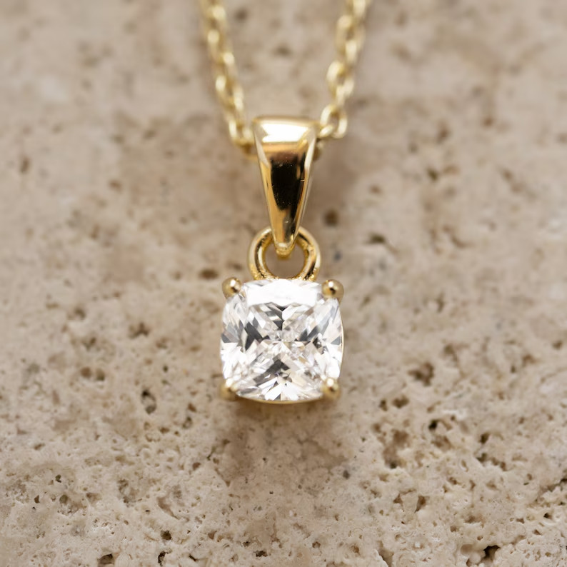 2 Ct Cushion Cut Pendant Necklace Simulated Diamond In 14k Yellow Gold Plated