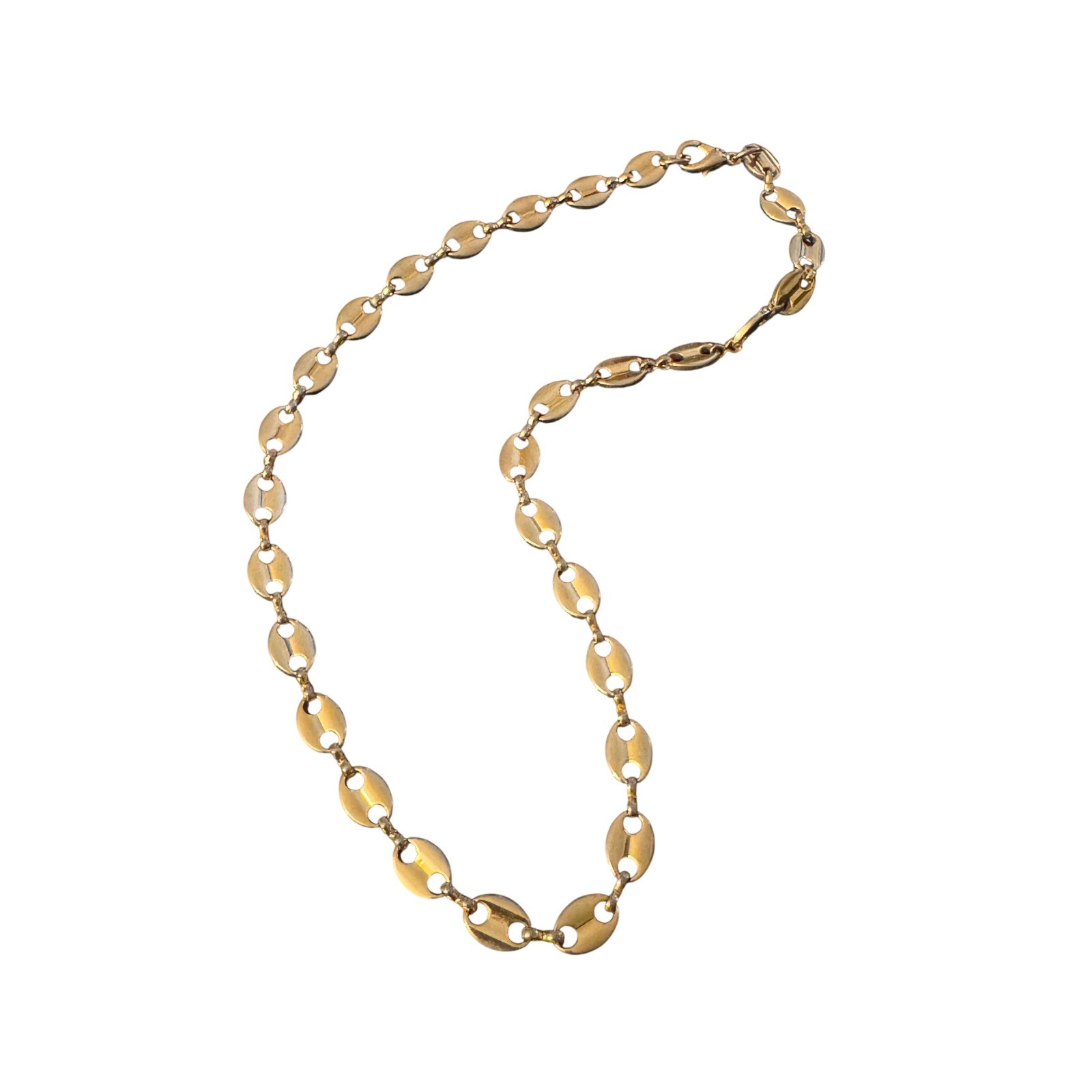 Gold Tone Puffed Mariner Coffee Bean Link Chain Necklace Unisex Statement