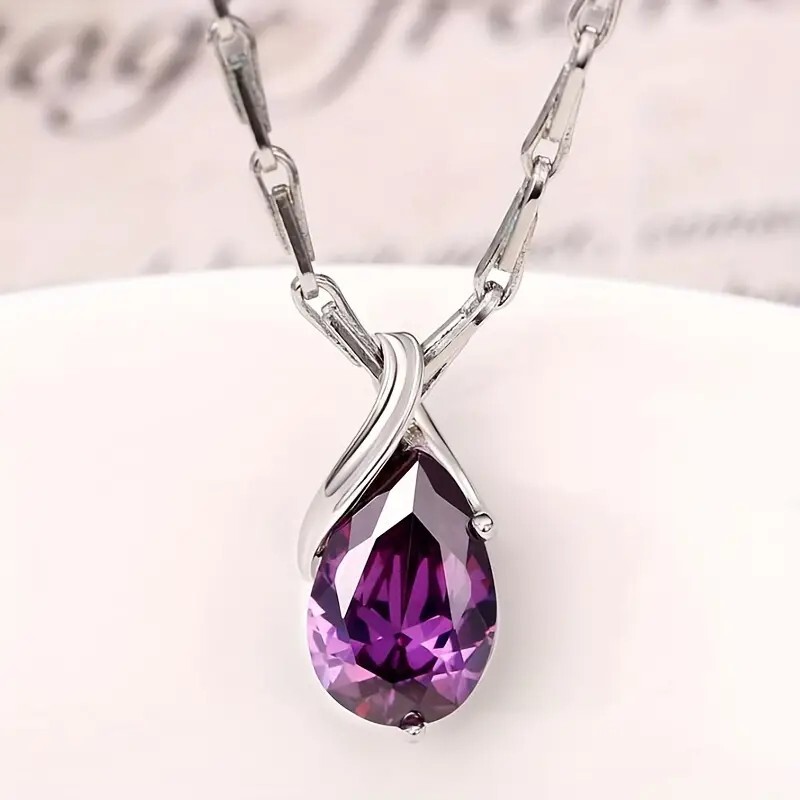 Exquisite Silver Plated Teardrop Amethyst Necklace Bridal Engagement Wedding