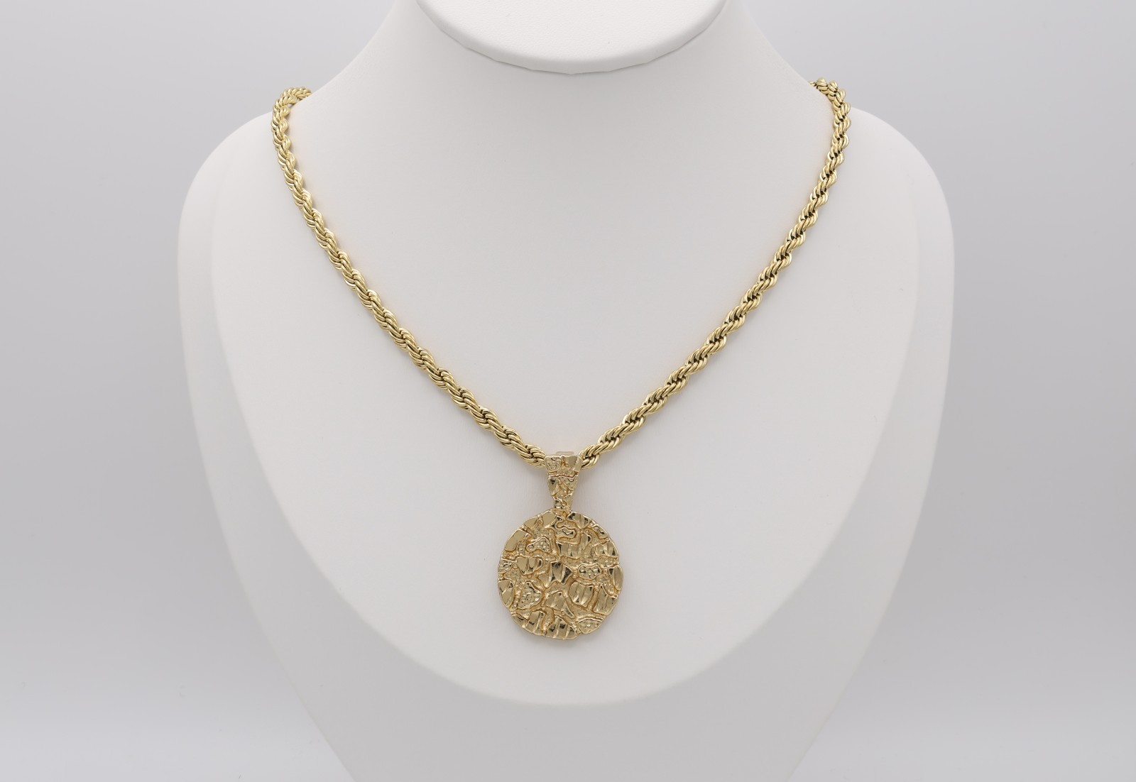 Gold Round Nugget Necklace, 3mm Rope Chain, 14k Heavy Plated Gold