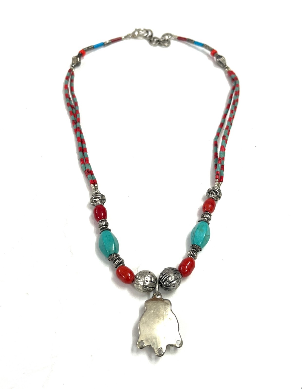 Turquoise Coral Gemstone Tibetan Statement Necklace Jewelry, 17 Inch Adjs