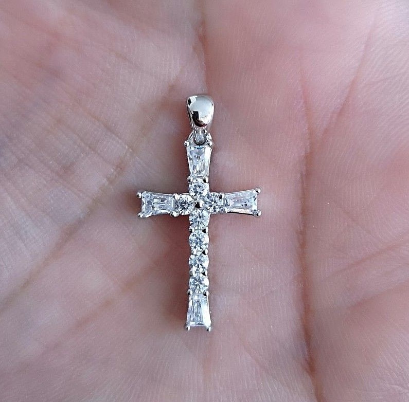 1 Ct Women Men Cross Pendant Necklace Simulated Diamond 14K Gold Plated Silver