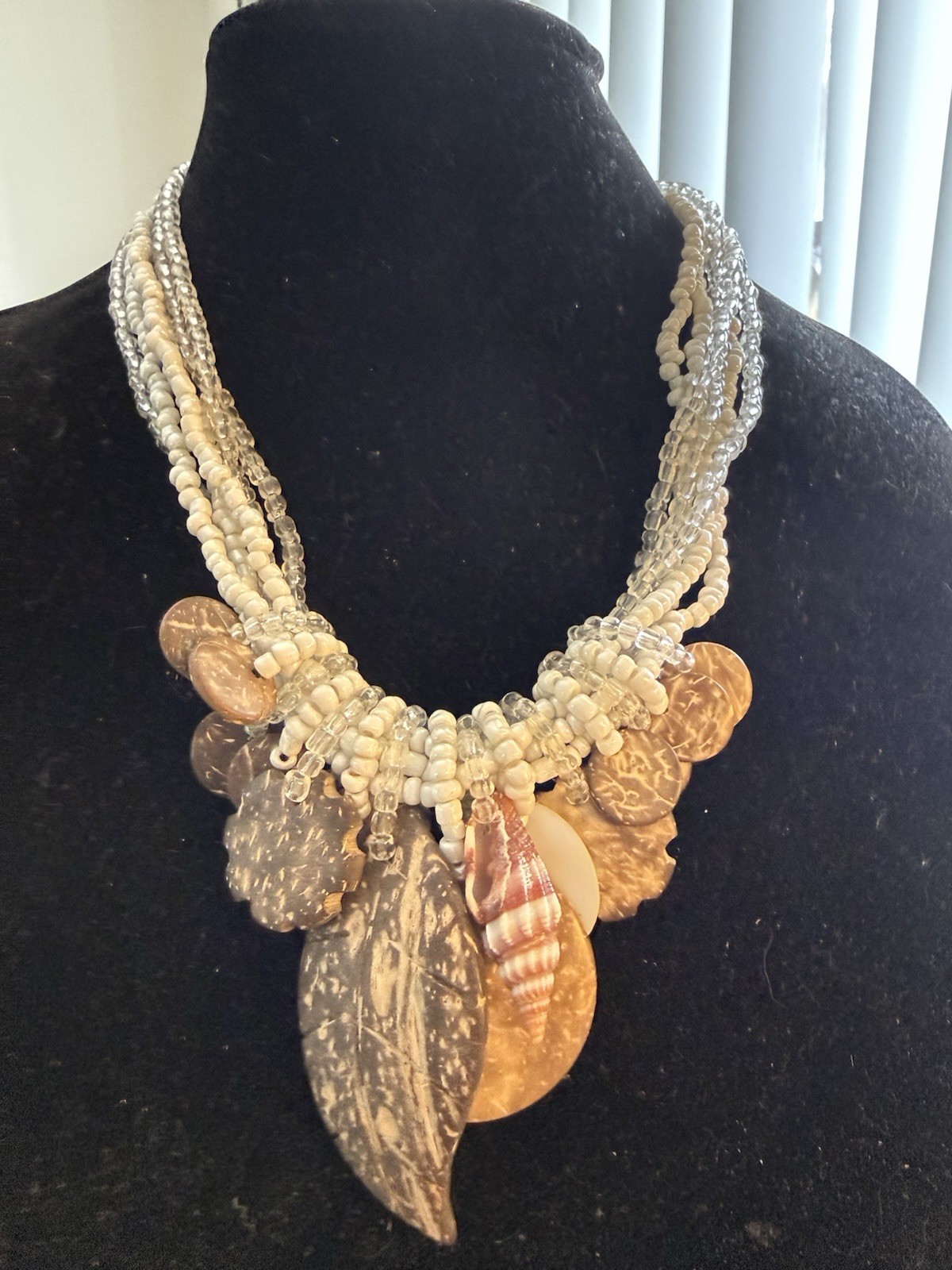 Beach Boho Multistrand Cord Necklace Shell Beaded Teardrop Charm Pendant