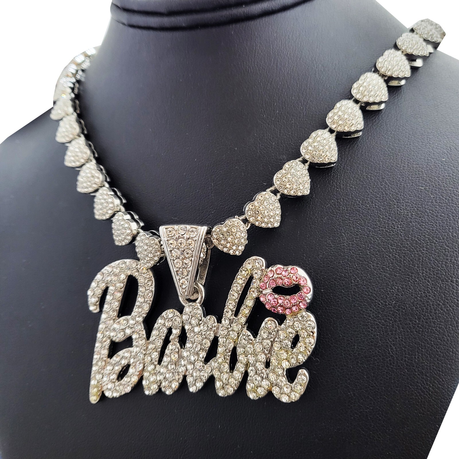Women Silver Plated Barbie Charm & 20″ Iced Cubic Zirconia Heart Chain Necklace