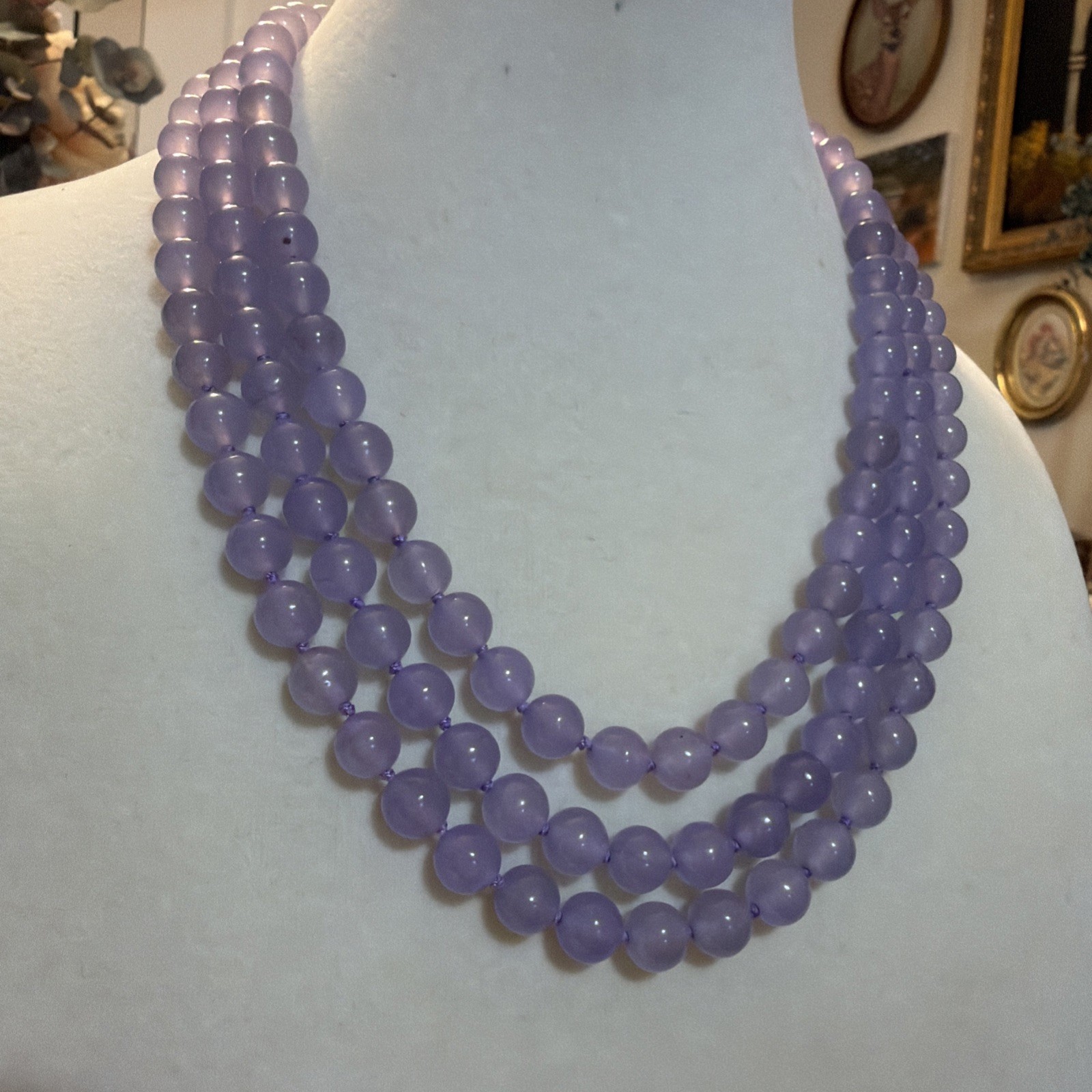 Vintage 3Row 8mm purple chalcedony jades necklace 17-19”