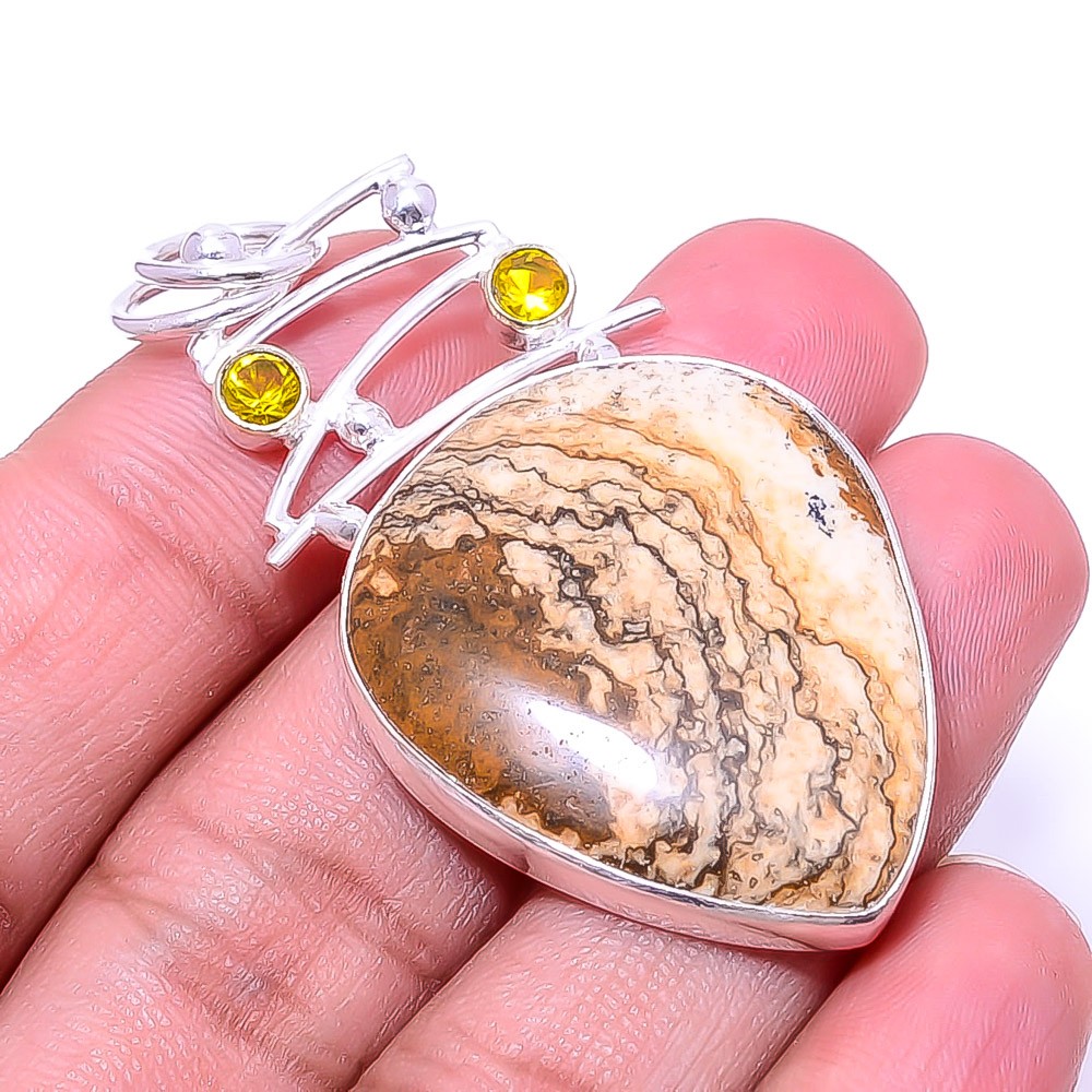 Picture Jasper – Oregon & Citrine Designer 925 Sterling Silver Pendant 2.11″ P32