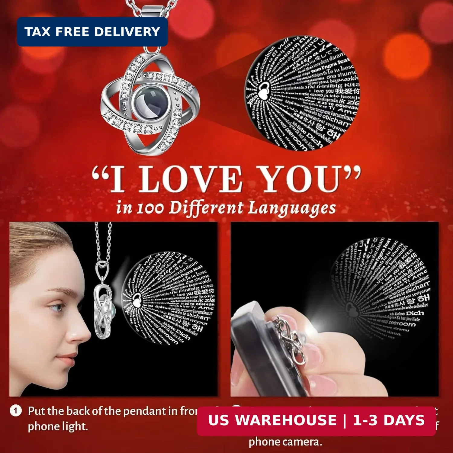 Preserved Pink Real Rose with I Love You in 100 Languages Necklace,Eternal Flowe