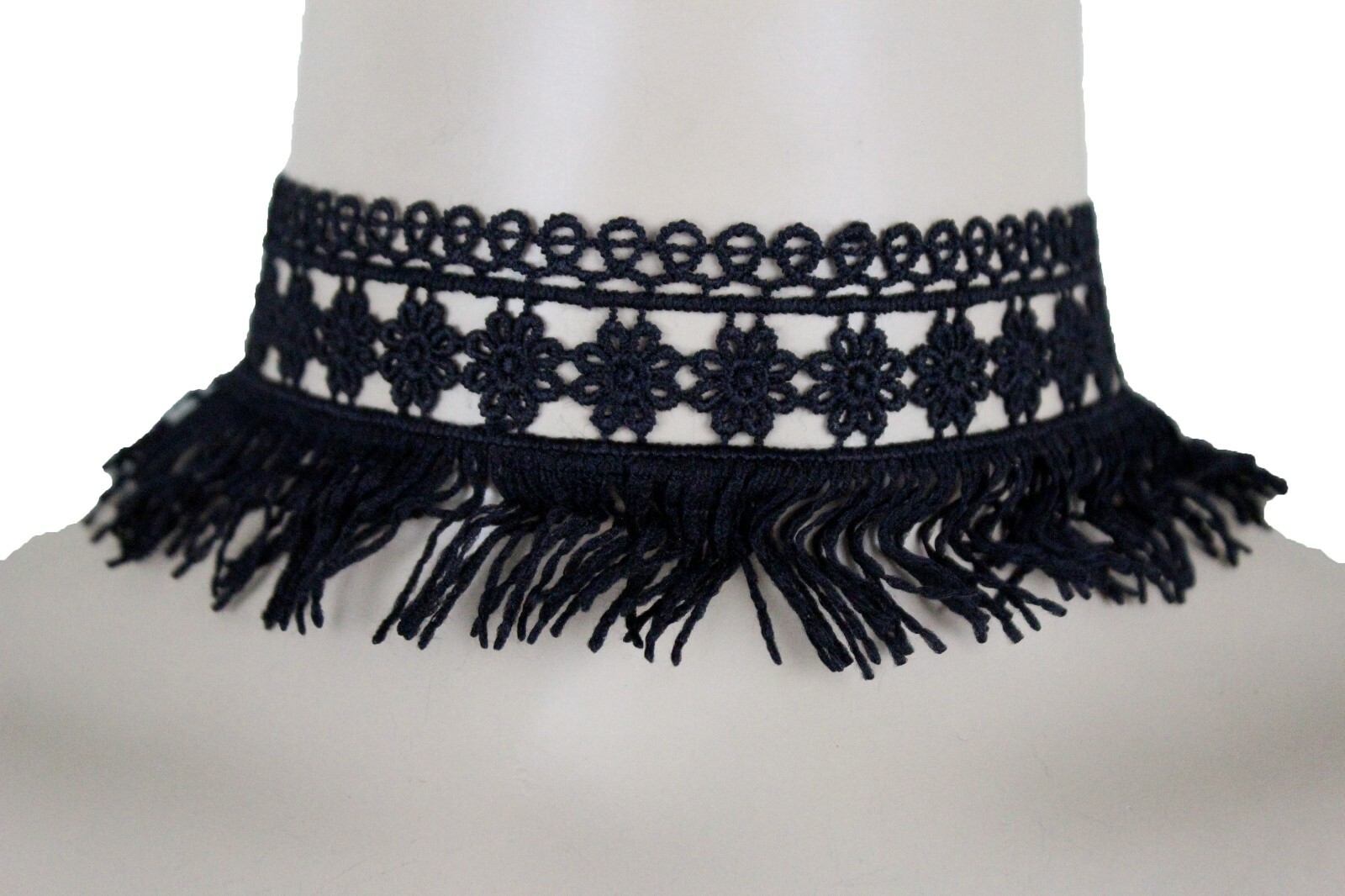 Women Tassel Strand Fringes Cool Style Fashion Black Fabric Choker Necklace