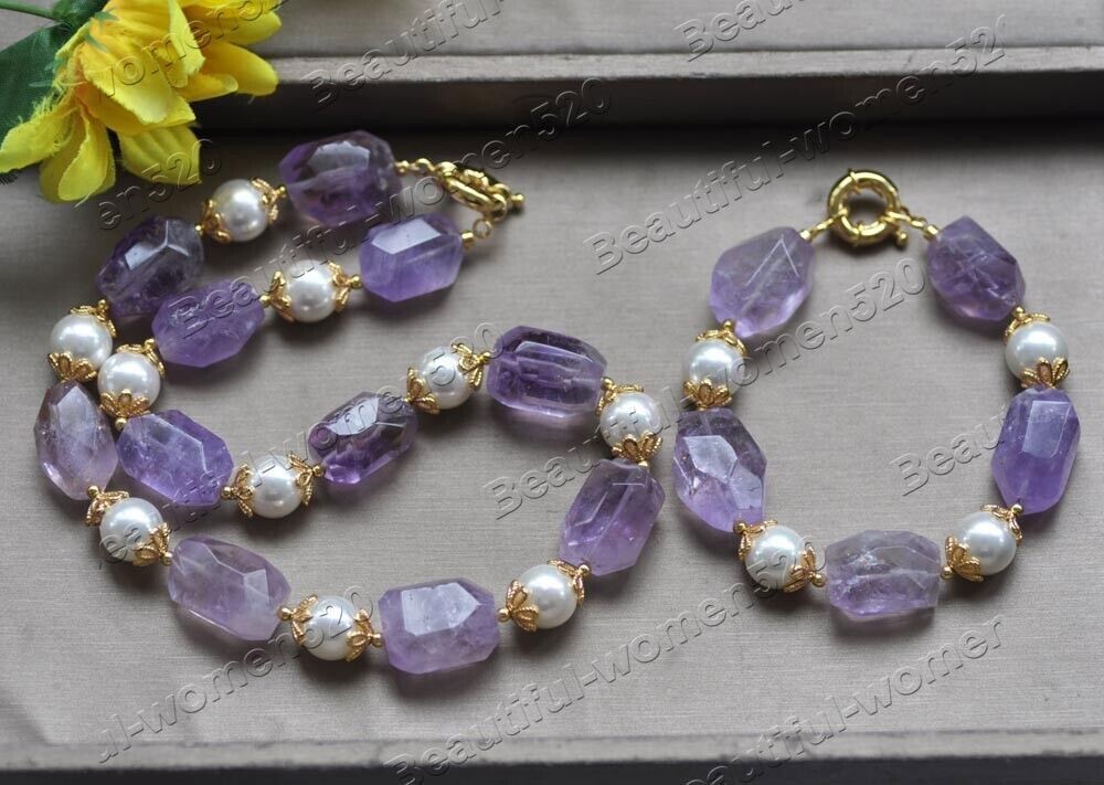 Set 20mm Lavender Cube Amethyst White Shell Pearl Necklace Bracelet