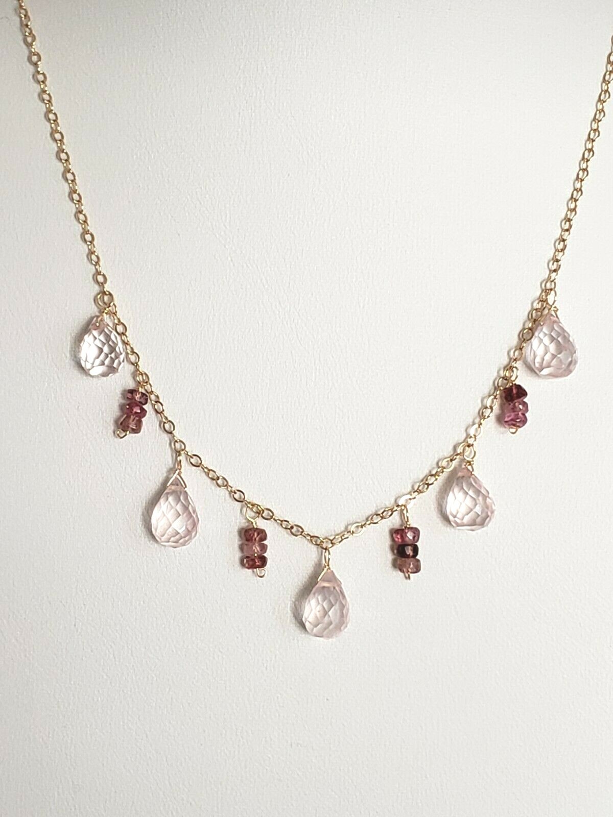 14k Yellow Gold Filled Rose Quartz and Pink Tourmaline Chain Necklace 16″ – 18″