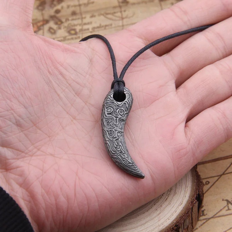 Viking Damascus Steel Wolf Tooth Pendant | Bear Claw Necklace Cord Male Gift