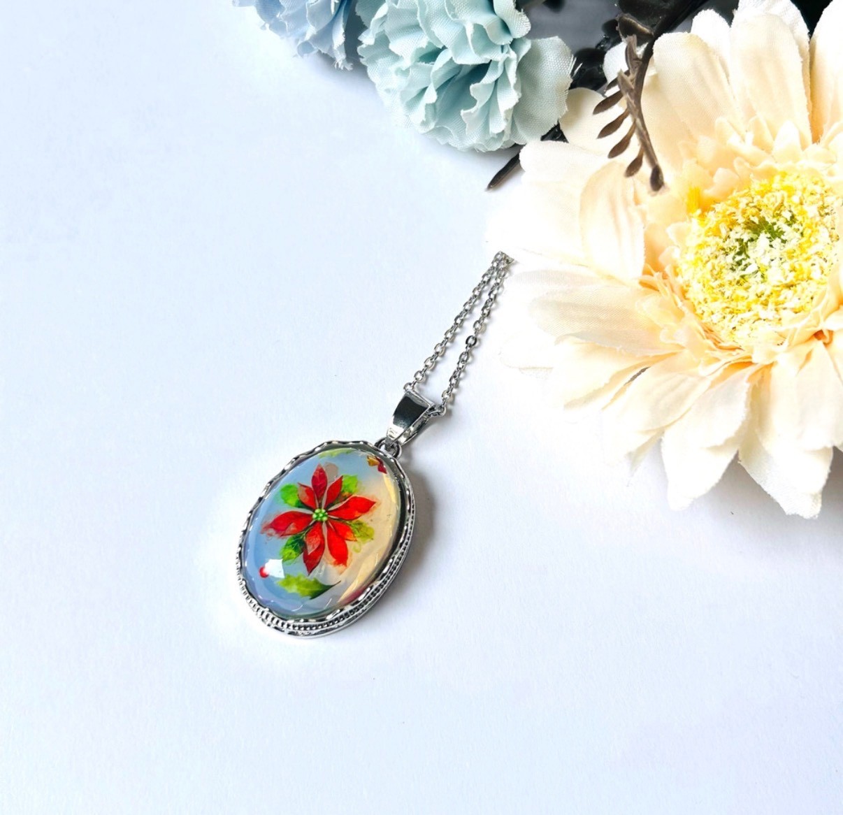 Opal Poinsettia Necklace | October Birthstone | Christmas Floral Pendant |