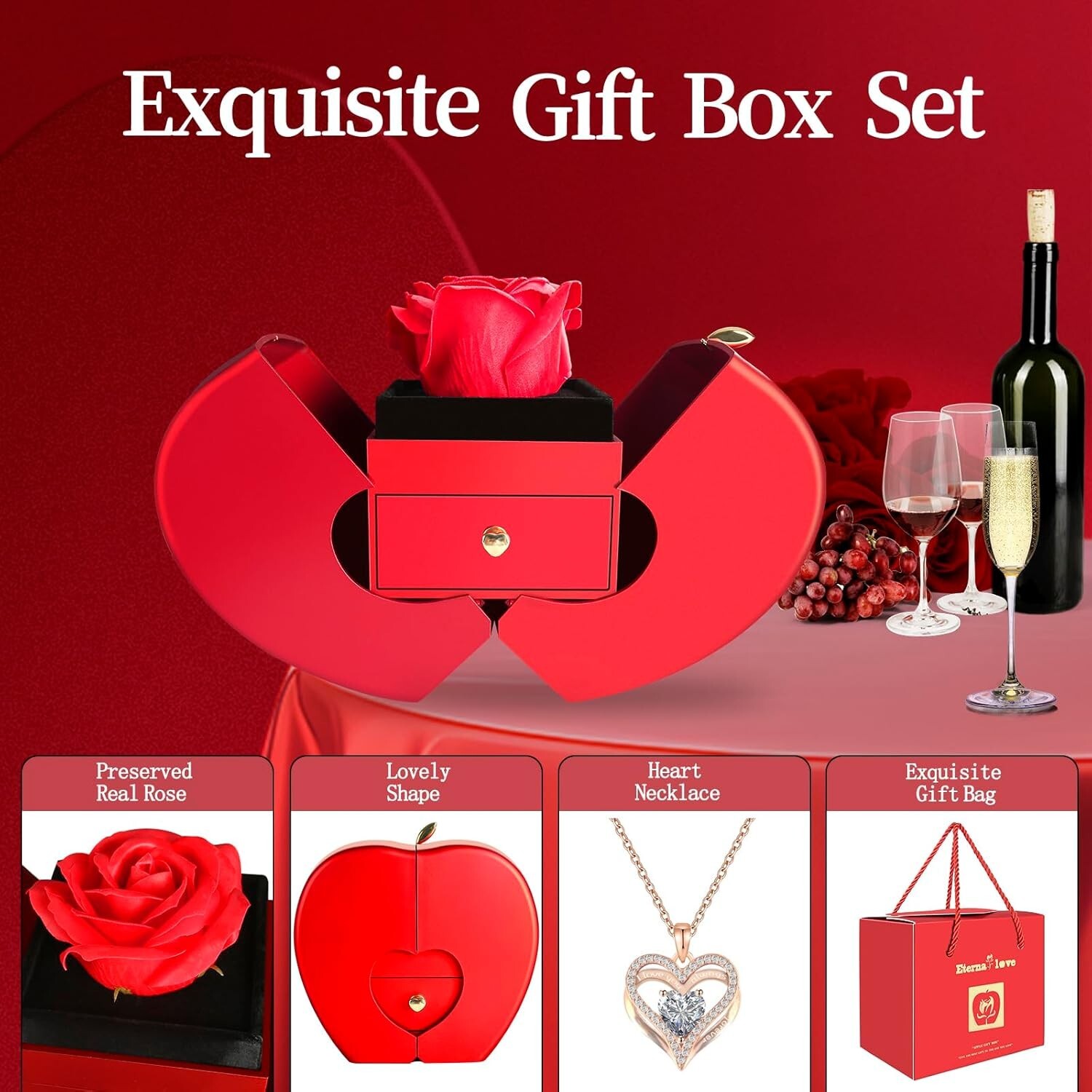 Preserved Red Rose with Heart Necklace Gift for Mom Wife Girlfriend on Special