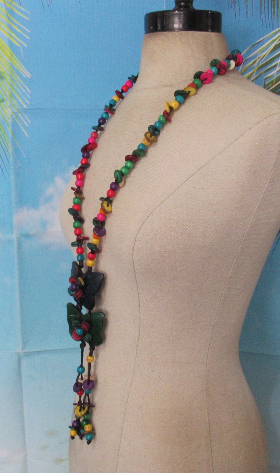 Brown Cord Necklace with Multicolor Wood Beads & 2 Wood Butterflies 32″