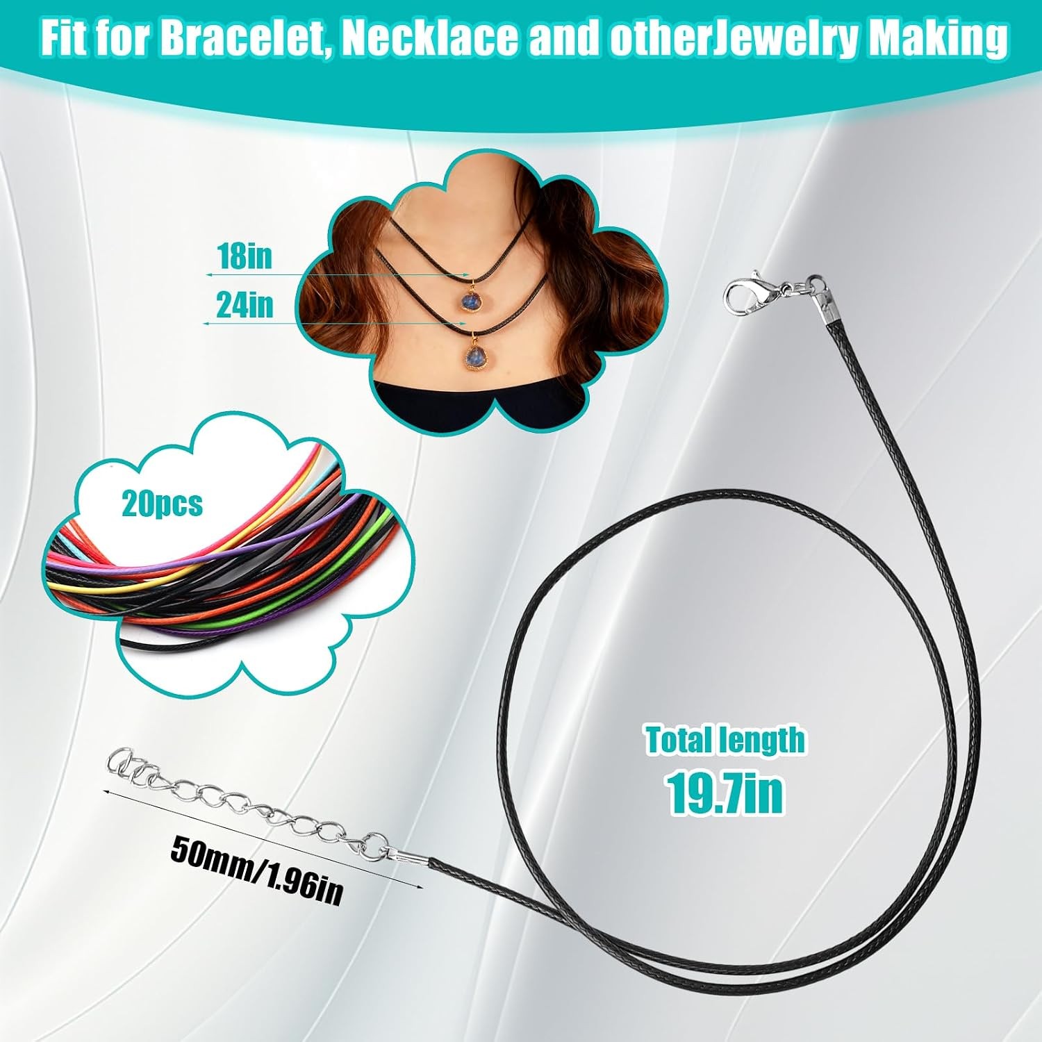 Black Leather Necklace Cord with Clasps, 20Pcs Multicolor Rope Necklace String