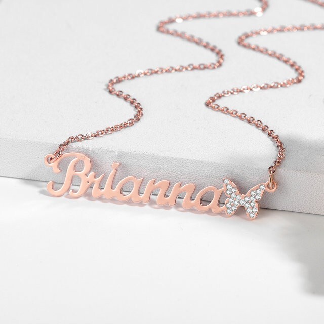 Custom Name Butterfly Zirconia Necklace Jewelry Women Anniversary Gold Silver