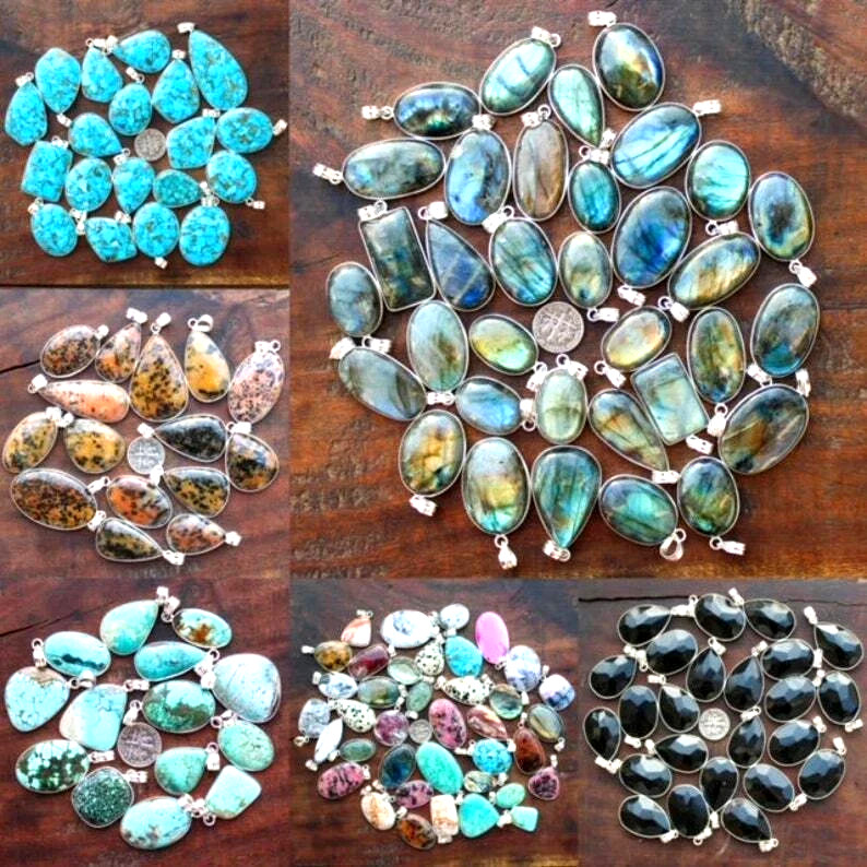 BULK Wholesale Lot Labradorite & More Gemstone Pendant 925 Silver Plated Jewelry