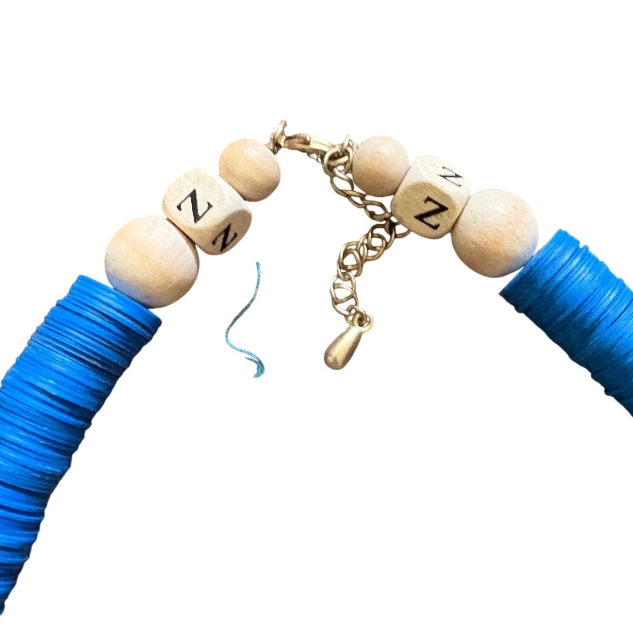 Blue Heishi Bead Necklace Wood Letter Z Frosted Glass Bell Charm Boho Coastal