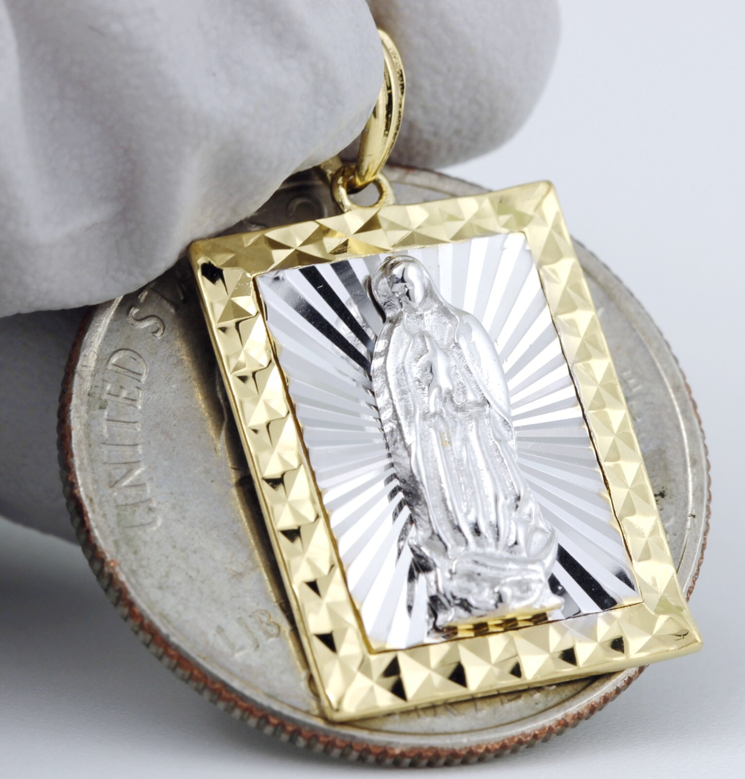Women 925 Sterling Silver 19mm Gold Miraculous Virgin Mary Rectangle Bar Pendant