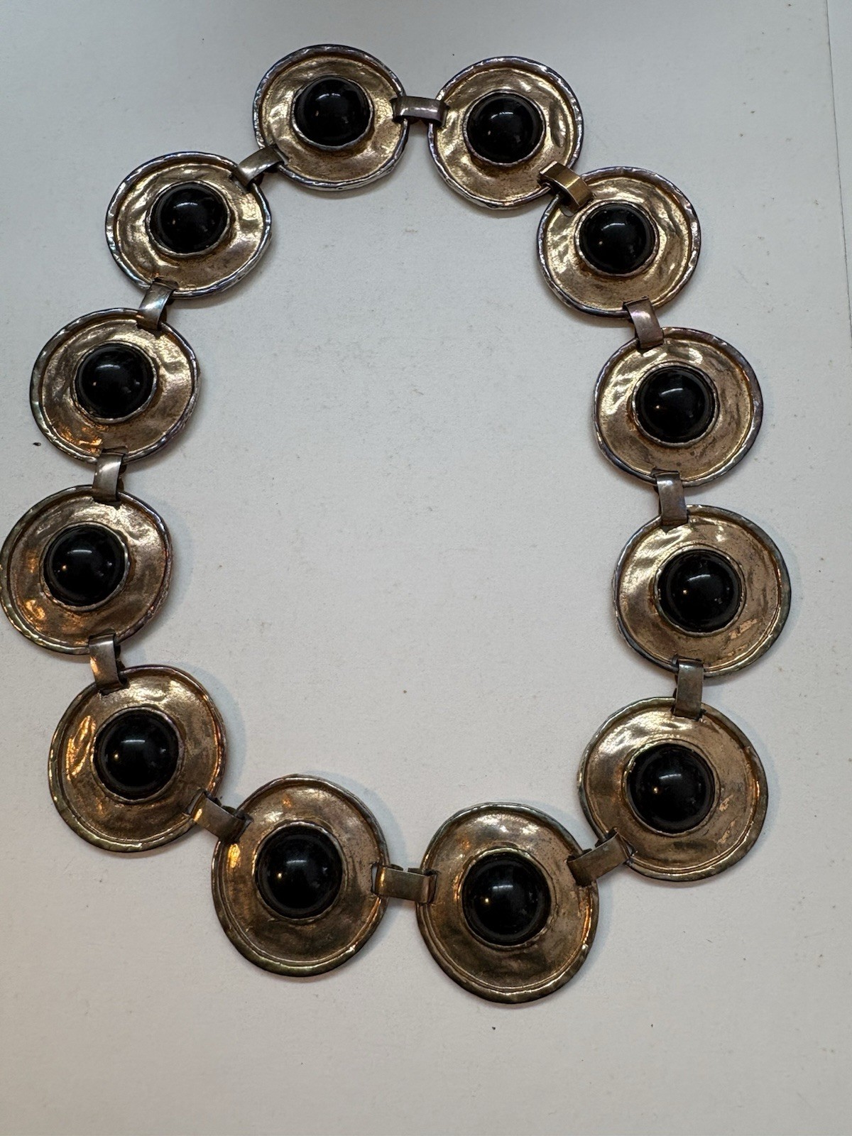 Vintage Chocker Necklace Large Modernist Hammered Disks W Black Cabochons 80’s