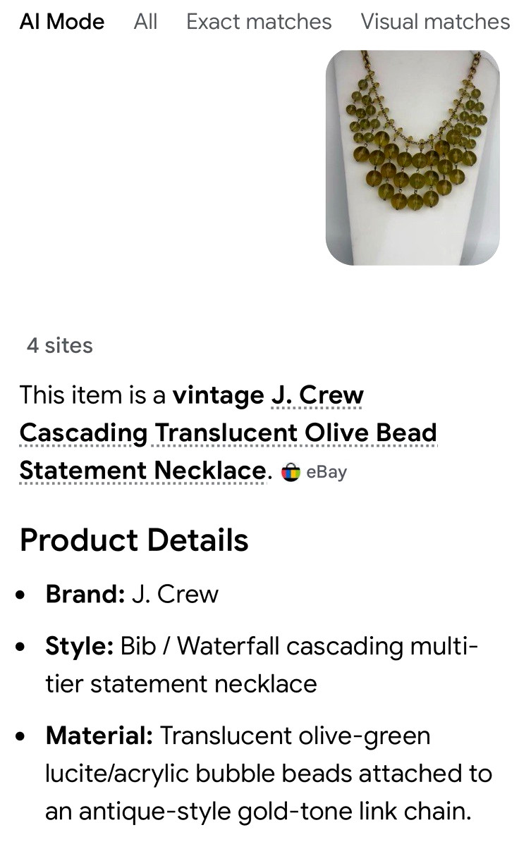 J. Crew 26″ Cascading Translucent Olive Green Beaded Bib Statement Necklace