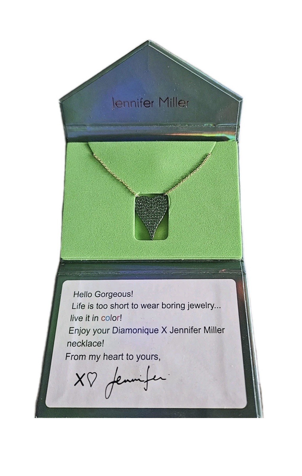 Diamonique by Jennifer Miller Green Heart Necklace CZ Sterling Silver Brand New