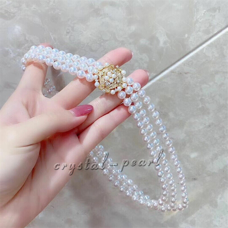 Triple Strands AAA 7-8mm Natural Akoya White Pearl Necklace 18″ Silver