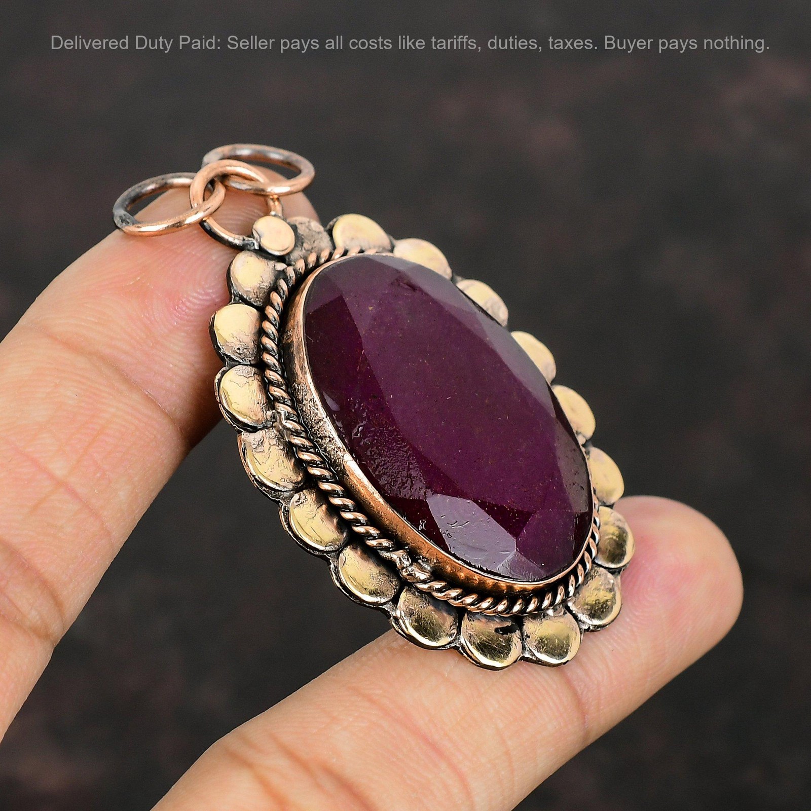 Oval Kashmir Rubi Stone Copper Bezel Anniversary Sister Wedding Trendy Pendant