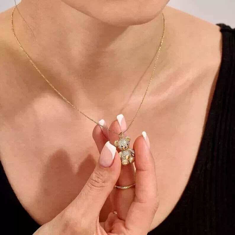 Round Simulated Diamond Stunning Teddy Bear Shape Pendant 14k Yellow Gold Plated