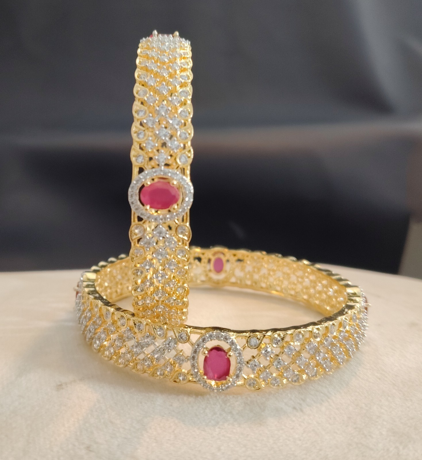 Reshma Royal Ruby Oval Designer Diamond Style Bangles Roz Jewellers.