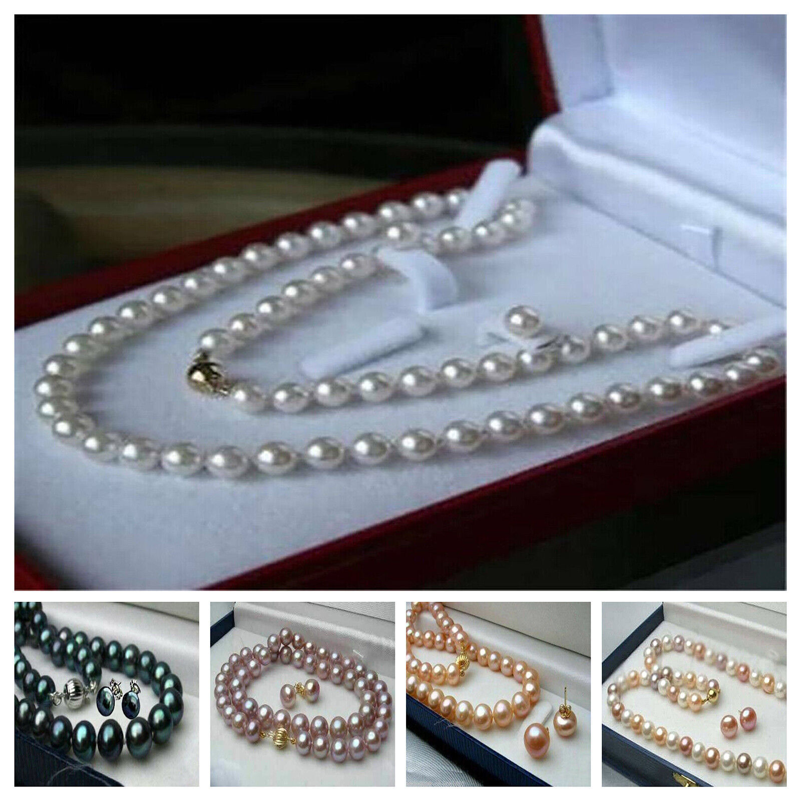 5 Colors Real Natural Multicolor Akoya Cultured Pearl Necklace Earrings Set AAA