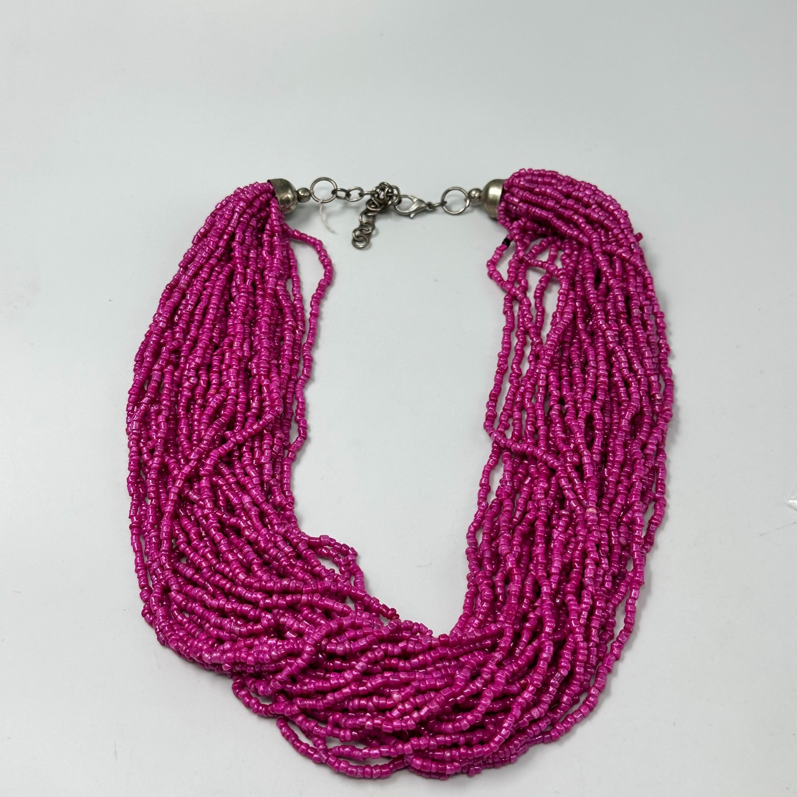 Fuchsia Pink Seed Bead Necklace Silver Tone Multi Strand Boho 14 Inch