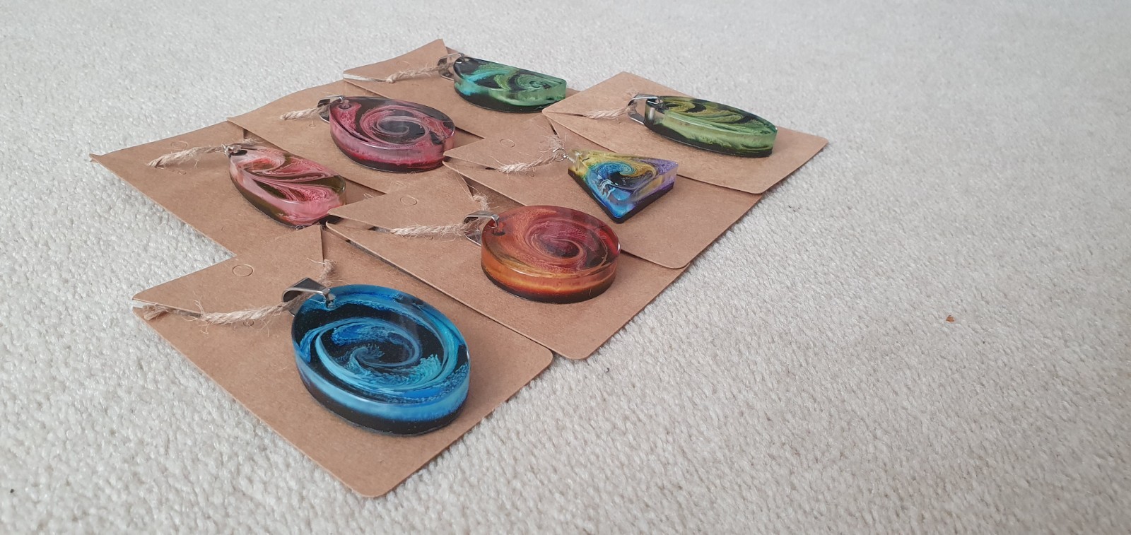 Lot Of 7 Handmade Epoxy Resin Multi Colour Swirl Pendants. Brand New