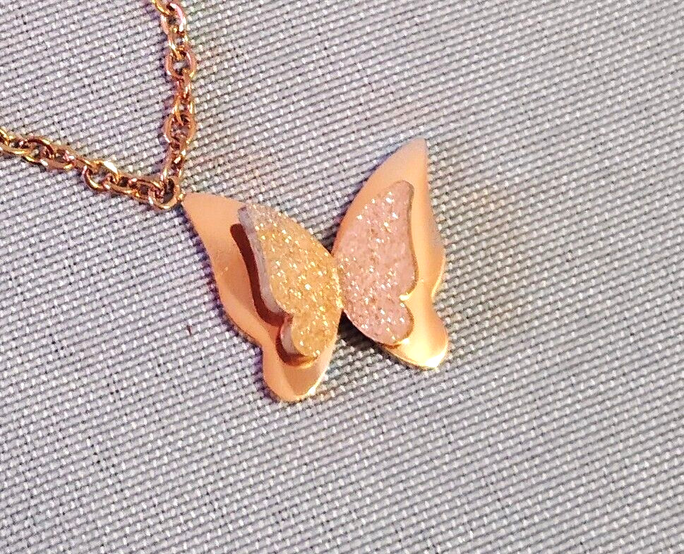 Butterfly Pendant Necklace 16in Herringbone Choker 12in Set Gold Tone New Box