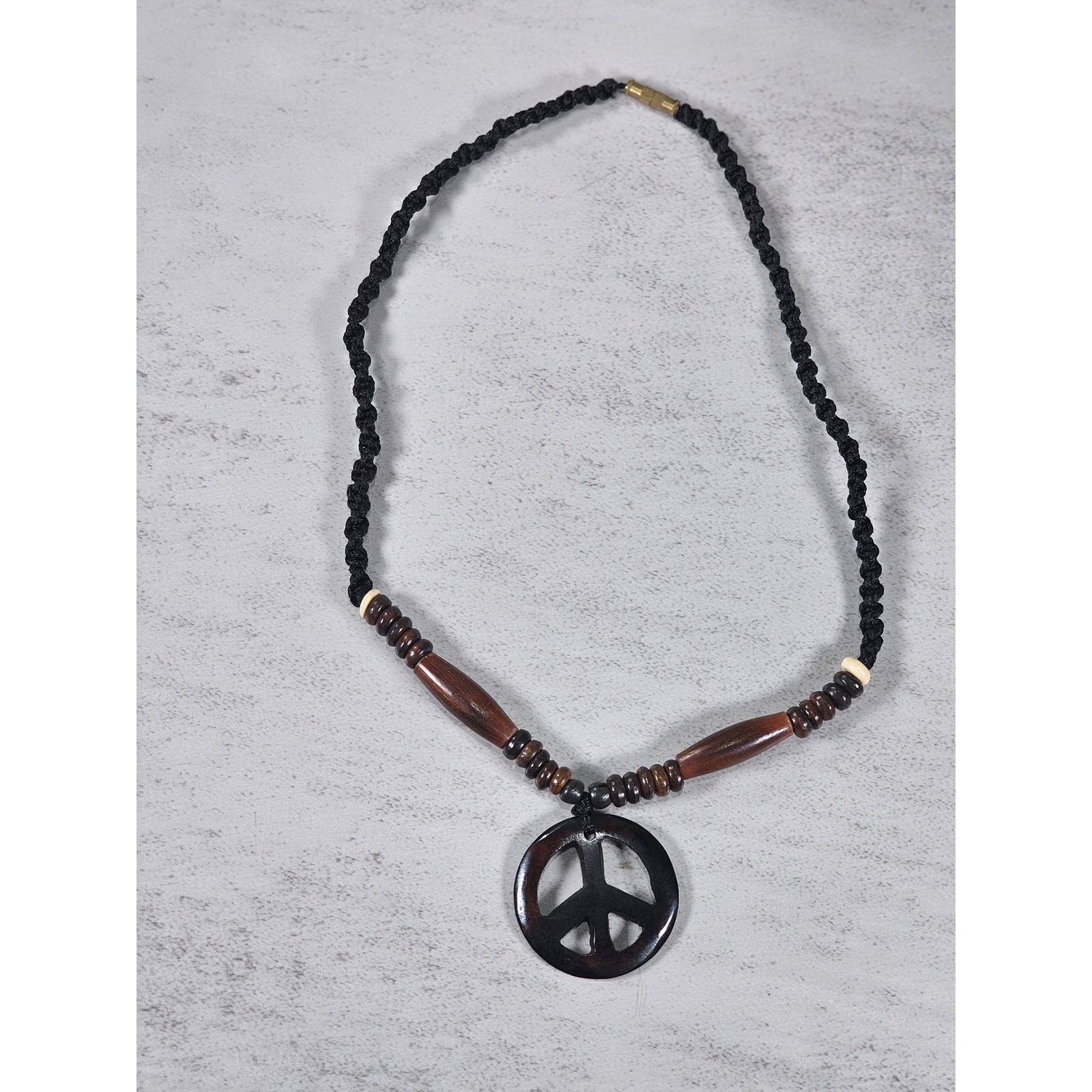 Vintage Wood Peace Sign Necklace Boho Beaded Cord Pendant
