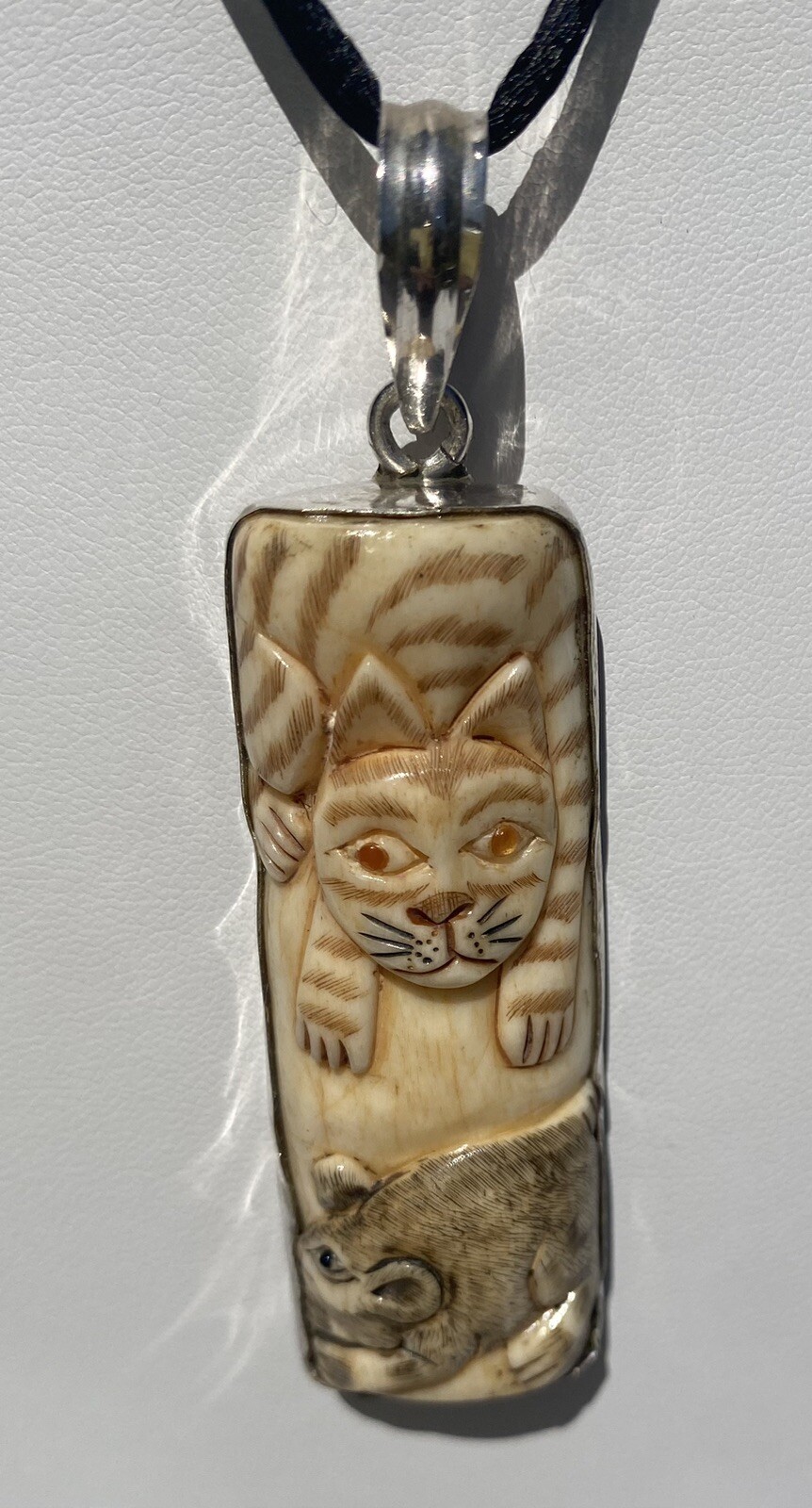 Carved Cats Necklace Silk Satin Cord