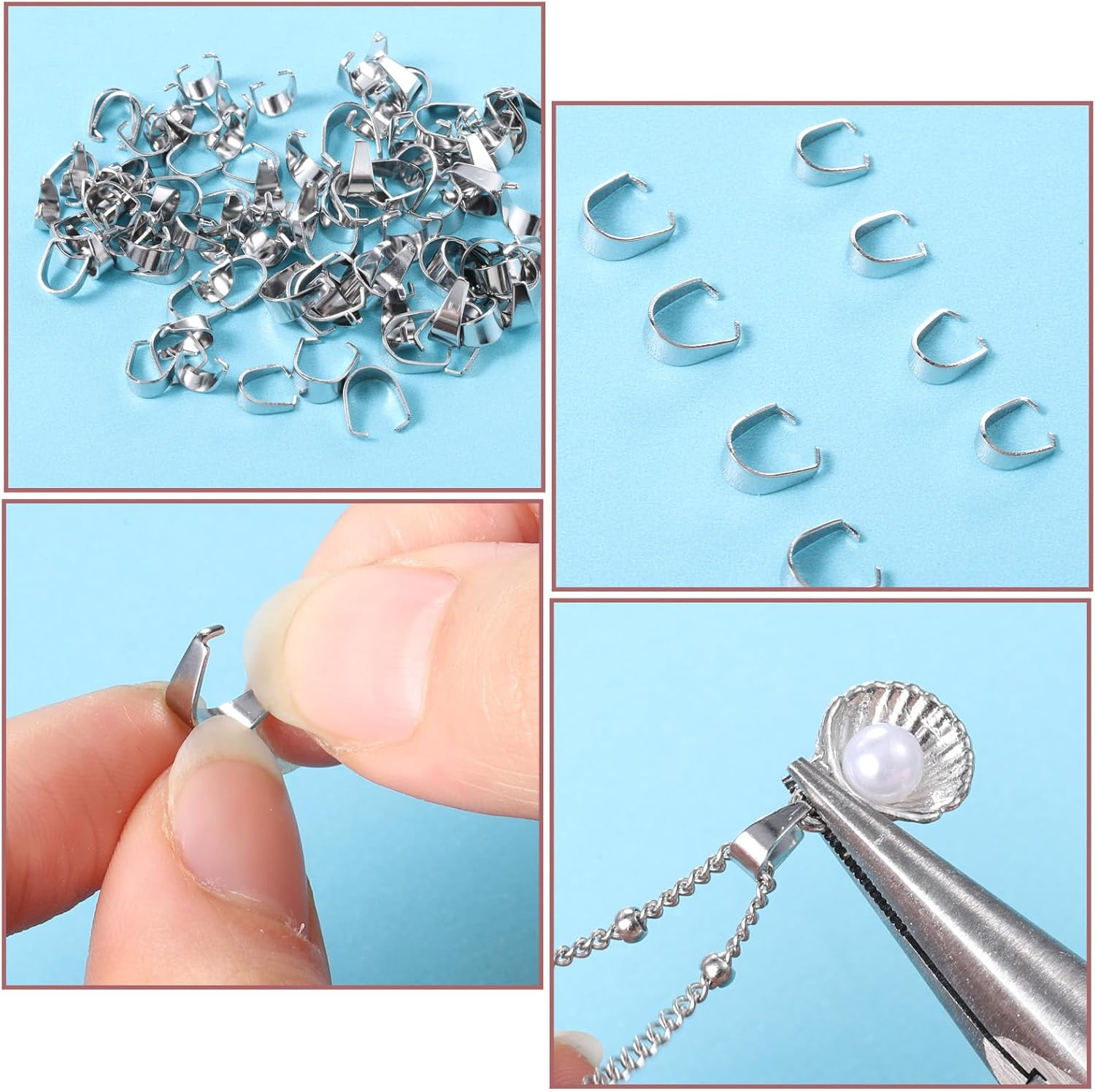 Necklace Pendant Clasp, 150 Pcs 304 Stainless Steel Snap on Bails Silver Pinch
