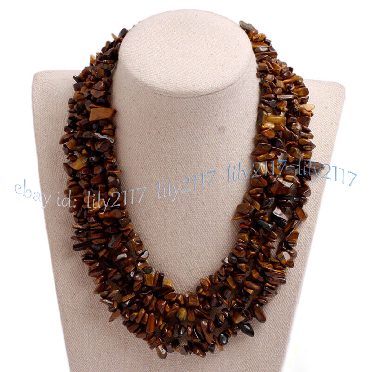 4Row Natural Gemstone Chip Cluster Statement Beads Multi-Strand Necklace 17-20”