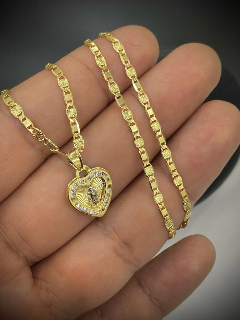 Heart CZ Virgen de Guadalupe Necklace Valentino Chain for Womens Gold F 15x13mm
