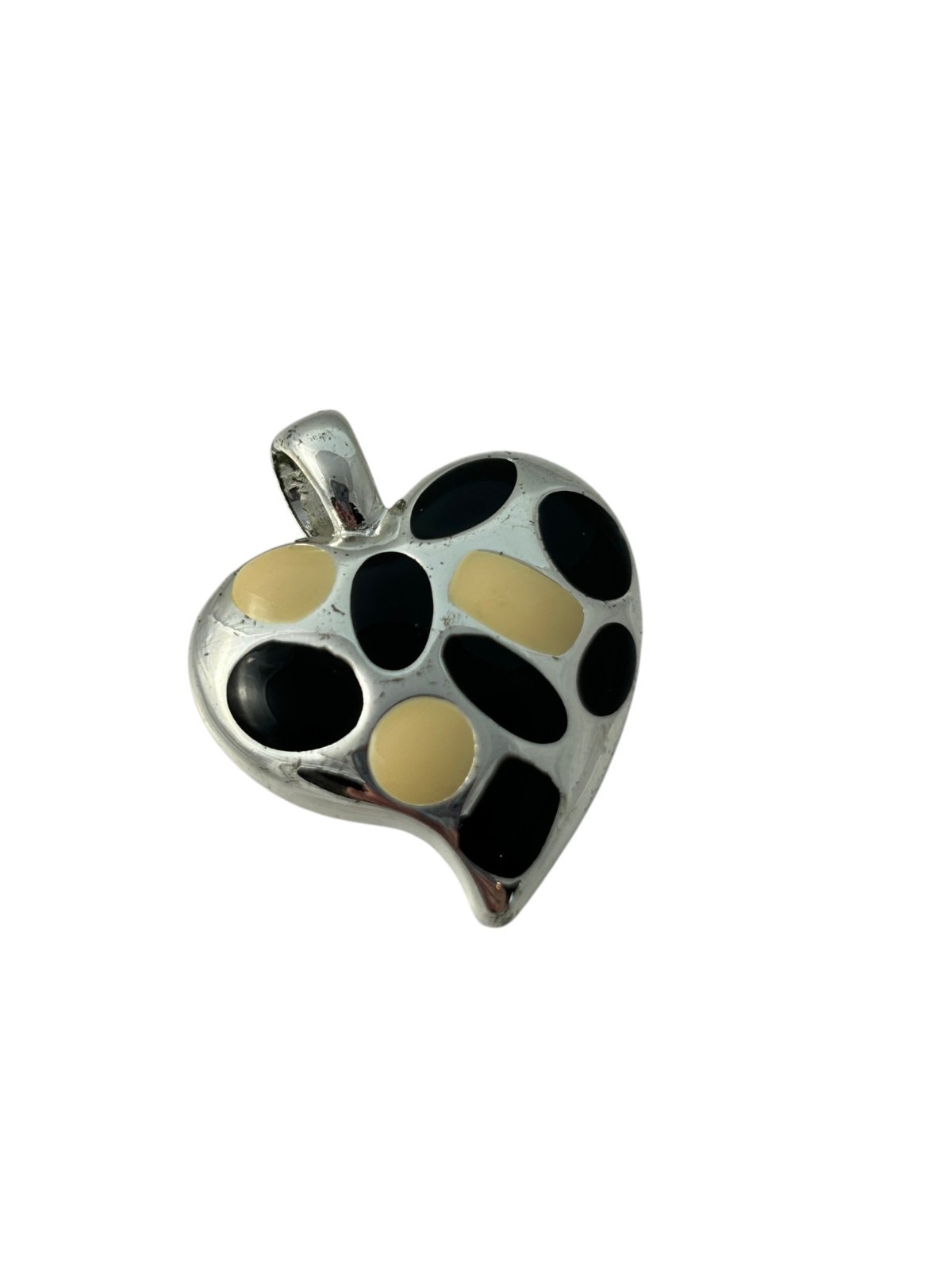Silver Tone Heart Pendant Black Yellow Enamel Abstract Modern Charm