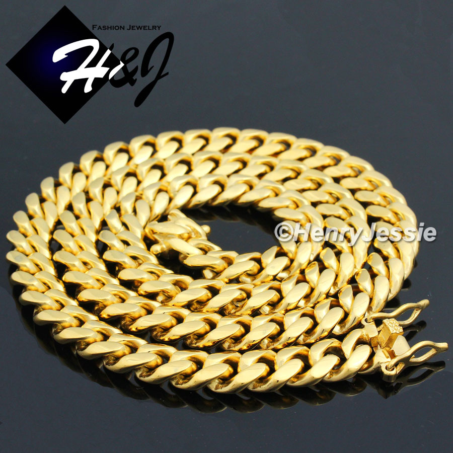 18-40″MEN Stainless Steel 7/10/12/14mm Gold Plated Miami Cuban Curb Necklace*154