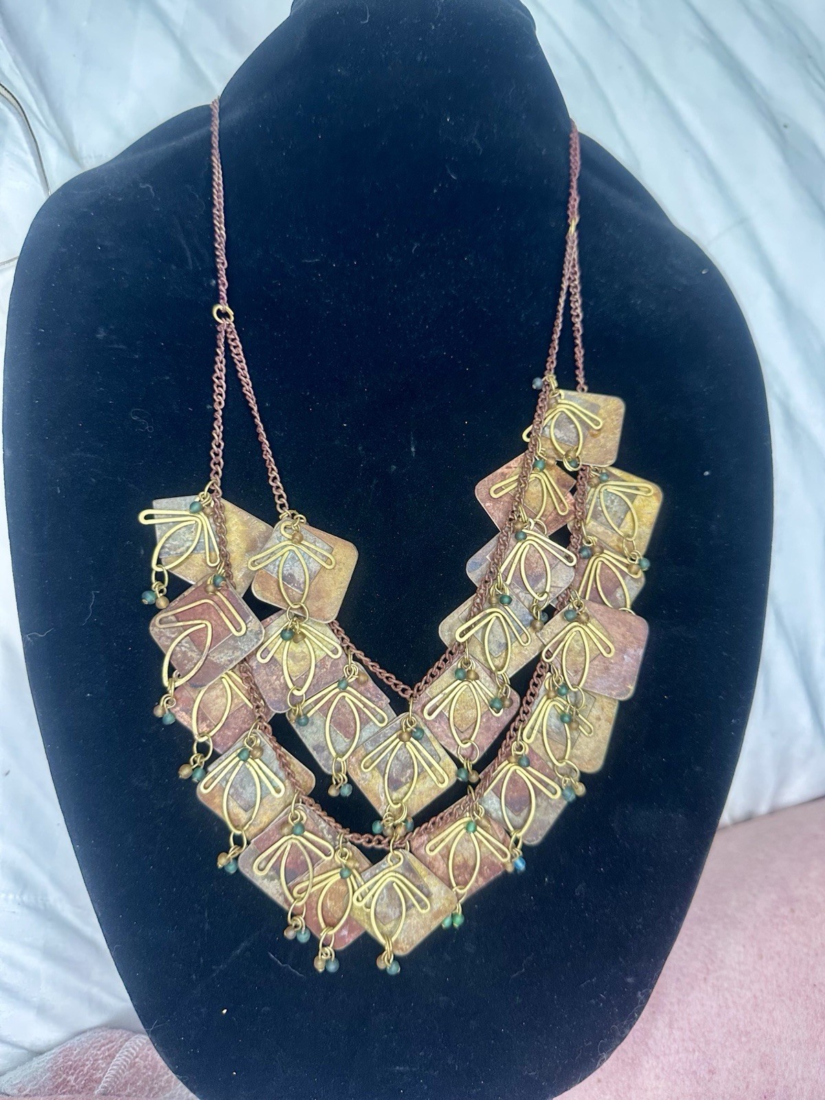 Vintage Metal Artisan Chain with Multi tiered Metal Patina Panels And Charms