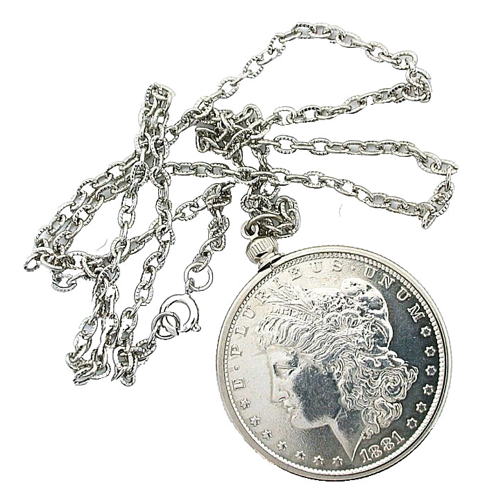 1881 MORGAN SILVER DOLLAR SILVER COLOR PENDANT ROPE 24 INCH CHAIN EPPC87/6625