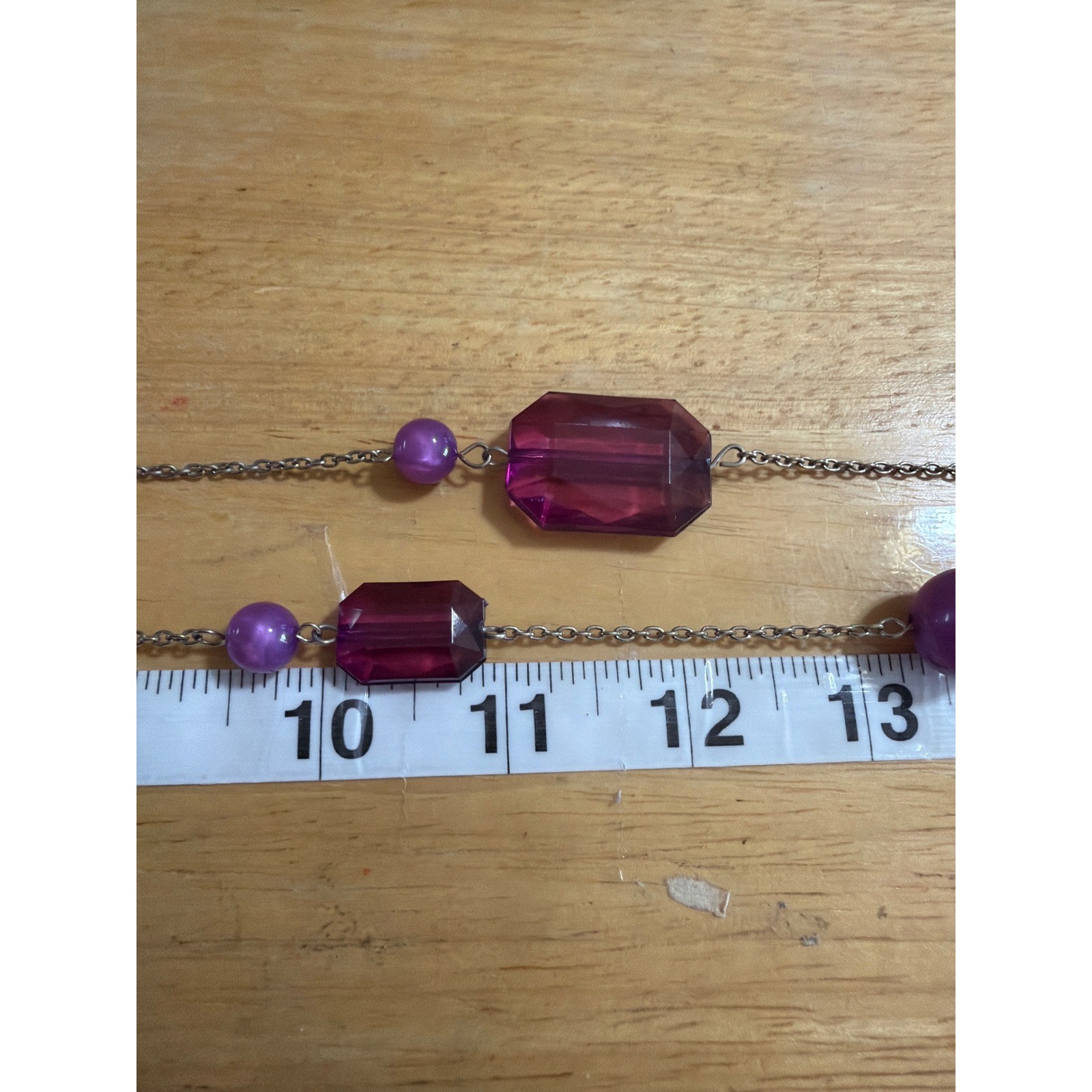 Long Purple Beaded Station Necklace Silver Tone Chain Emerald Cut Acrylic Layer