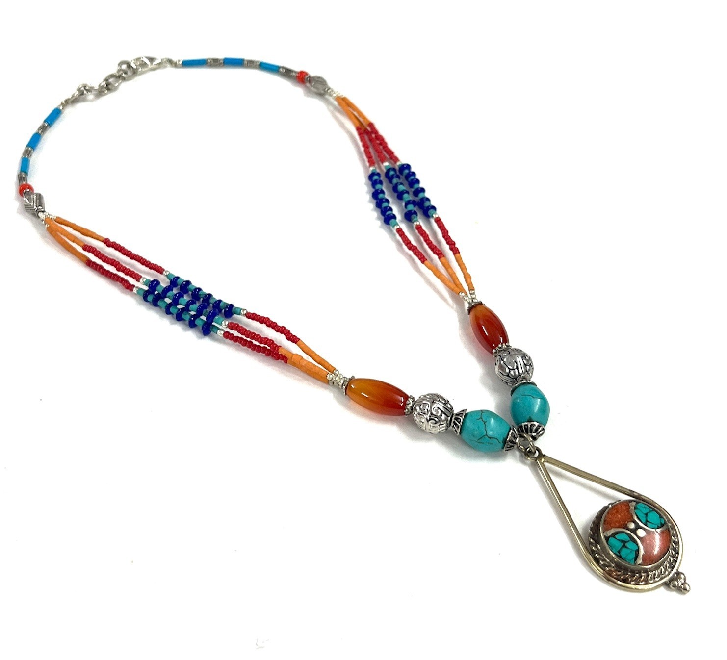 Carnelian Turquoise Coral Gemstone Tibetan Boho Necklace Jewelry, 18 Inc Adjs