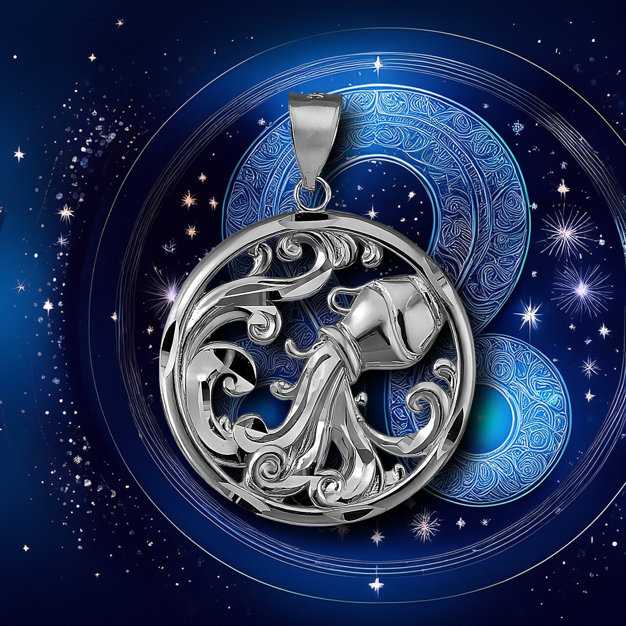 Sterling Silver Zodiac Round DC Pendant Necklace | 12 Horoscope Signs Available