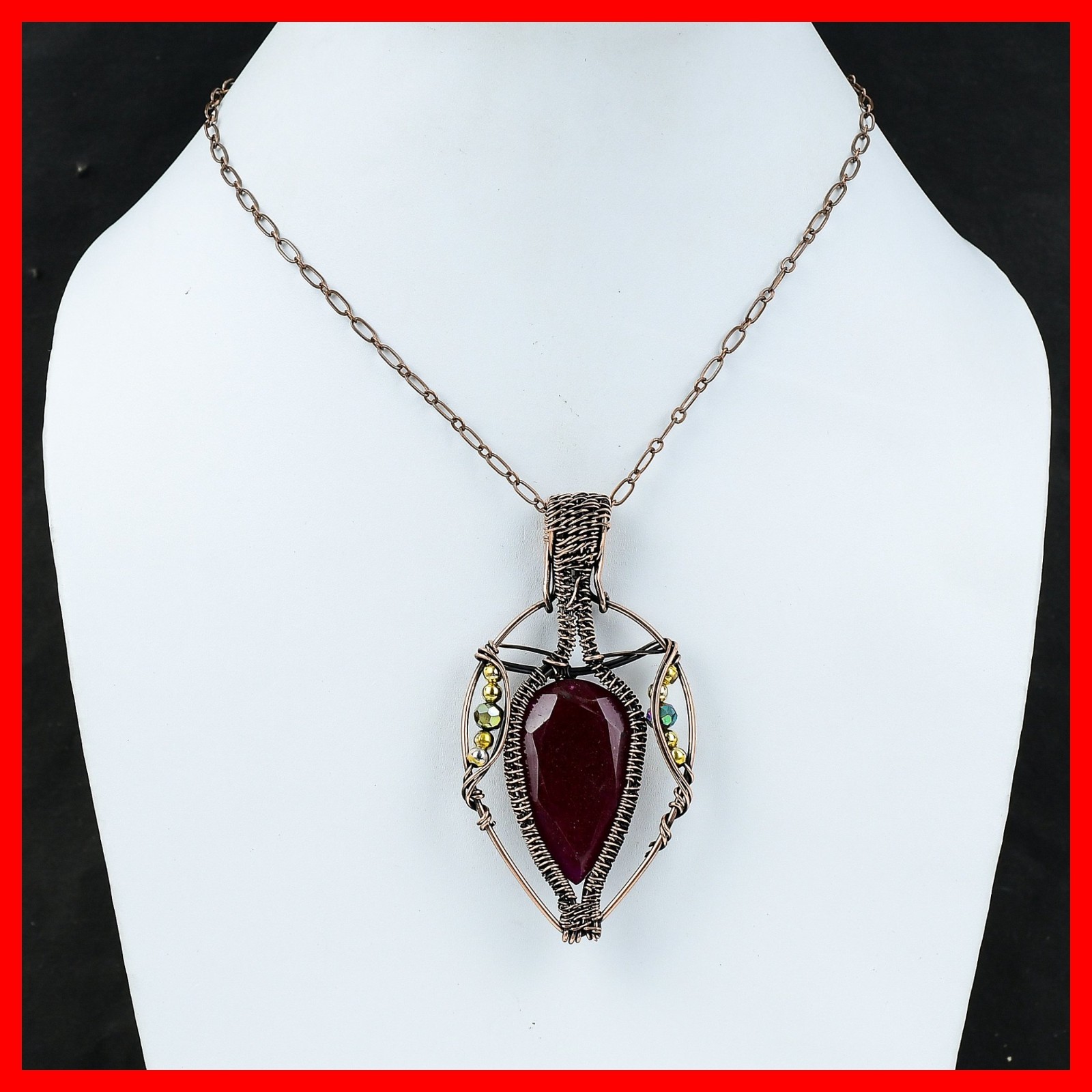Natural Faceted Kashmir Rubi Titanium Beads Copper Wire Wrapped Birthday Pendant