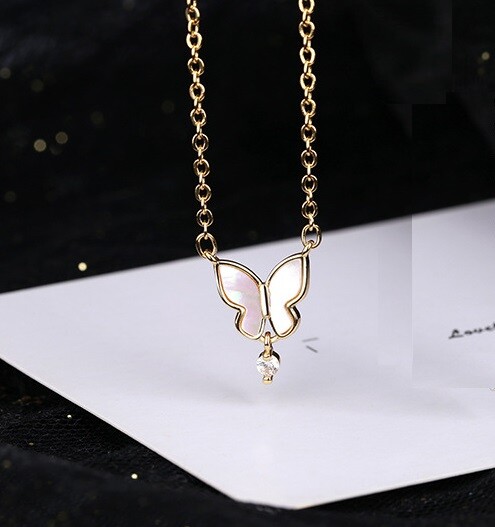 Gold Titanium S.Steel Flower Butterfly Shell Pendant Chain Necklace